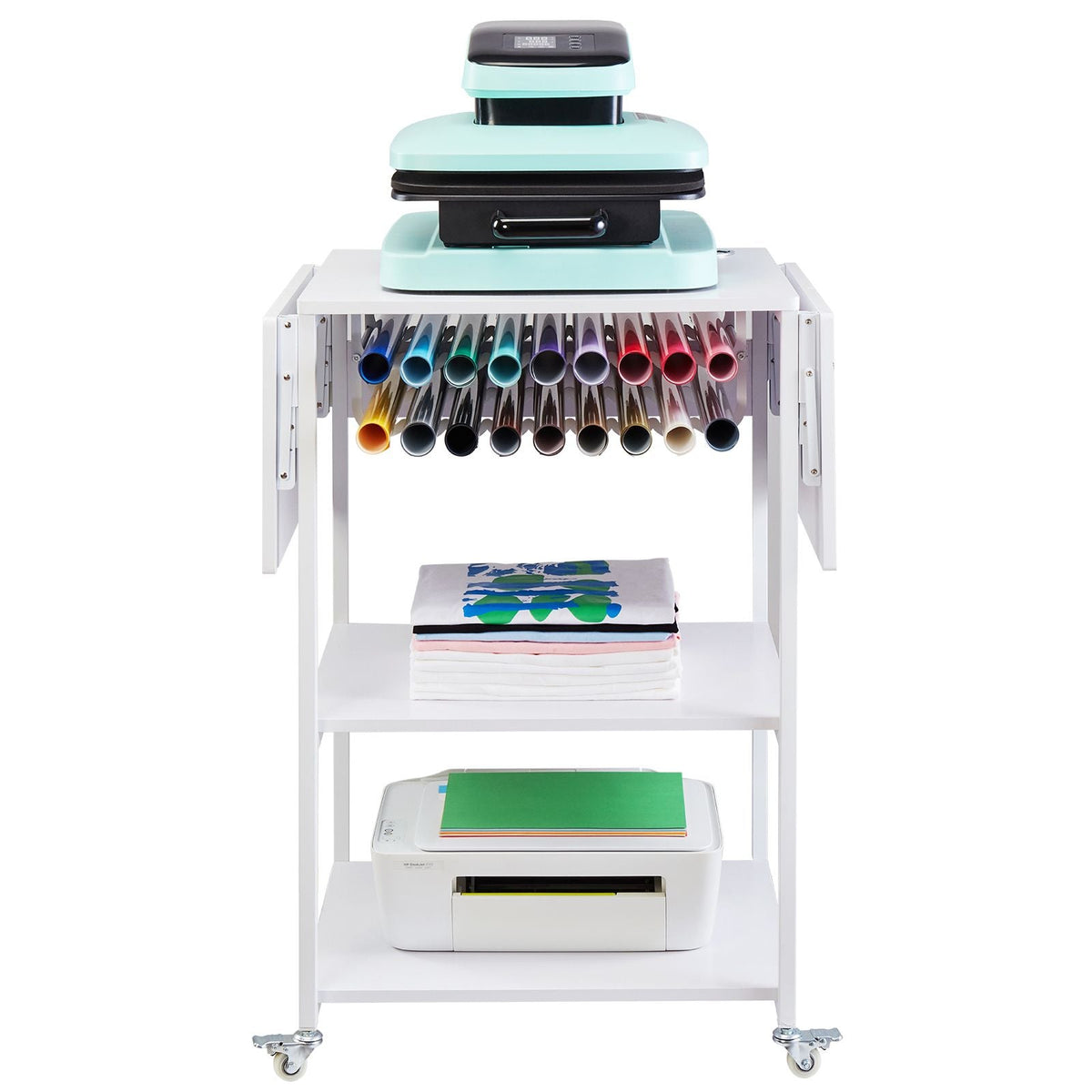 Heat Press Table, 3 Tier Movable Heat Press Stand, Foldable Heat Transfer Machine Stand with Wheels and Vinyl Roll Holder, Rolling Metal Workbench for Sublimation Transfer Machine, White