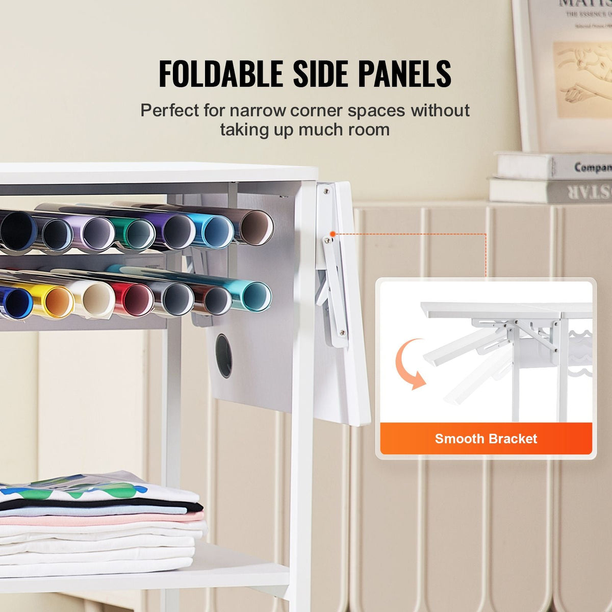 Heat Press Table, 3 Tier Movable Heat Press Stand, Foldable Heat Transfer Machine Stand with Wheels and Vinyl Roll Holder, Rolling Metal Workbench for Sublimation Transfer Machine, White