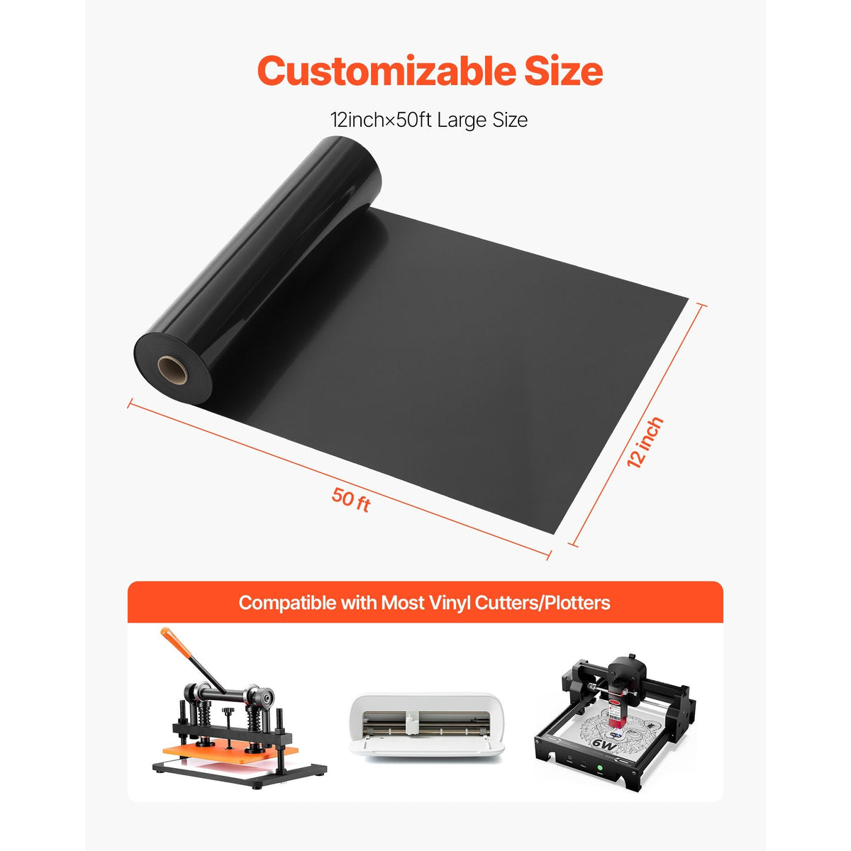 Heat Transfer Vinyl, 12 in x 50 ft, Glossy Black HTV Iron on Vinyl Roll, Easy to Cut and Weed, Strong Adhesion, Compatible with Cutting Machines, for Various Materials, T-shirts, Pillows, Hats