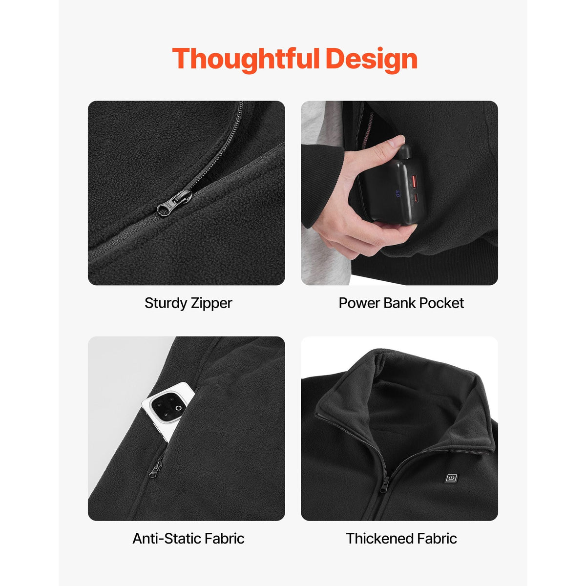 Heated Fleece Jacket for Men, Heated Sweatshirt with 7.4V 16000mAh Rechargeable Power Bank Pack, 6 Heating Zones, 3 Temp Levels, 3h/6h/10h Warmth, for Winter Outdoor Camping, Black, XXXL Size