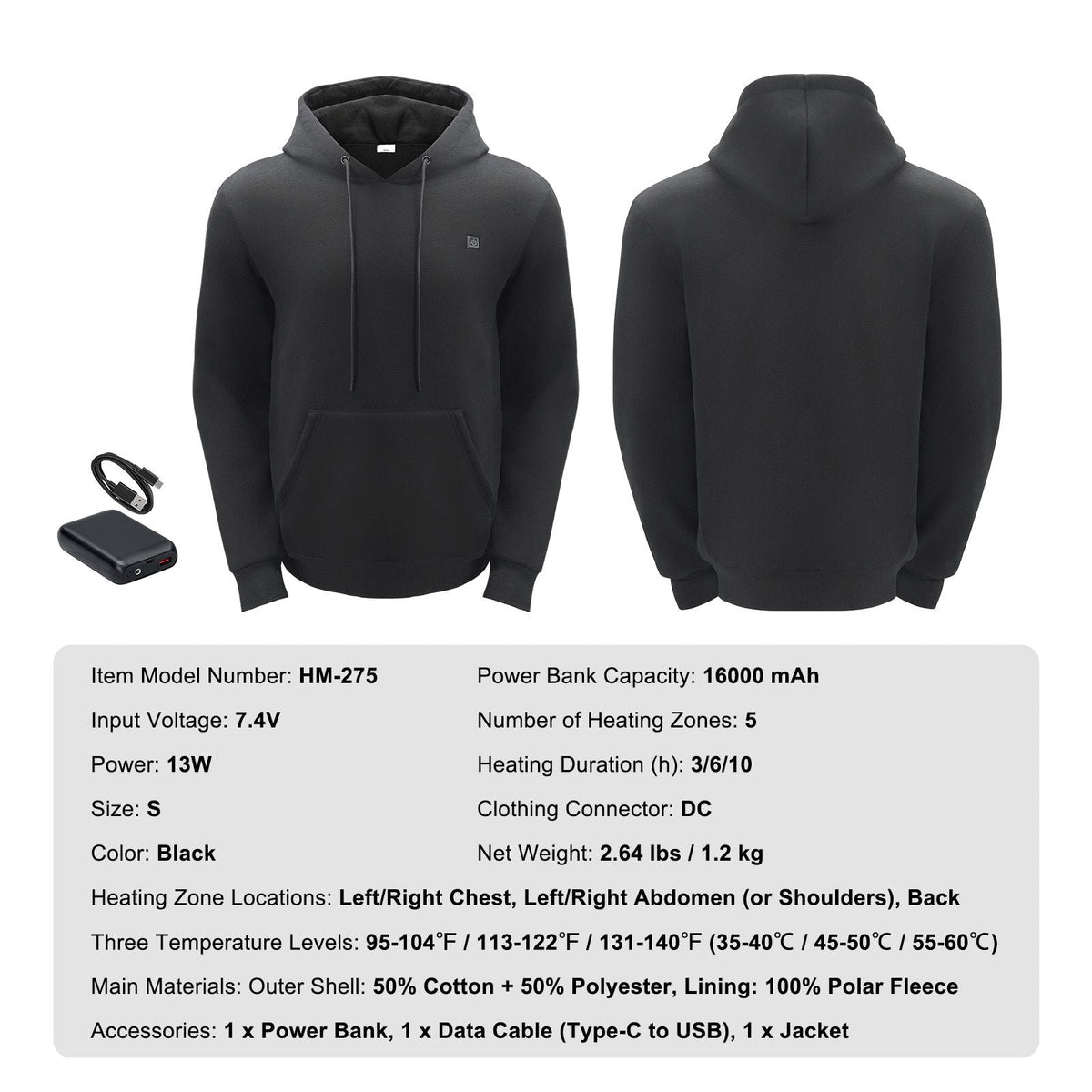 Heated Hoodie Sweatshirt Unisex with Battery for Men & Women S Size Black