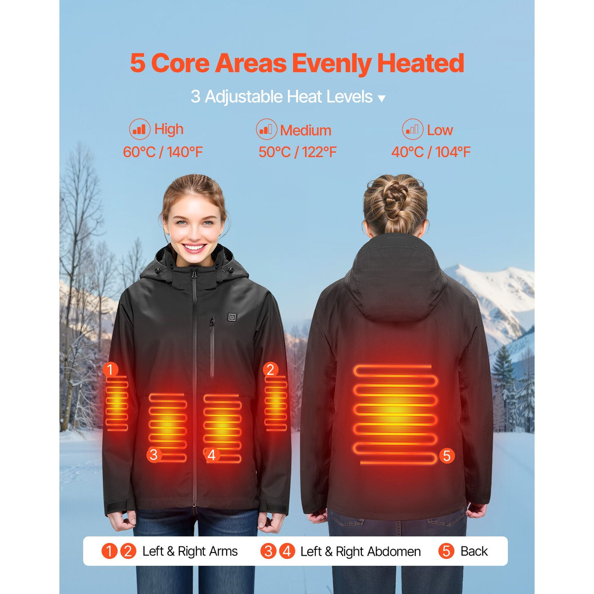 Heated Jacket for Men with 7.4V Battery, Soft Shell Electric Heating Coat, Windproof Waterproof Lightweight Outerwear with 5 Heating Zones & 3 Heat Settings, Machine Washable, L Size