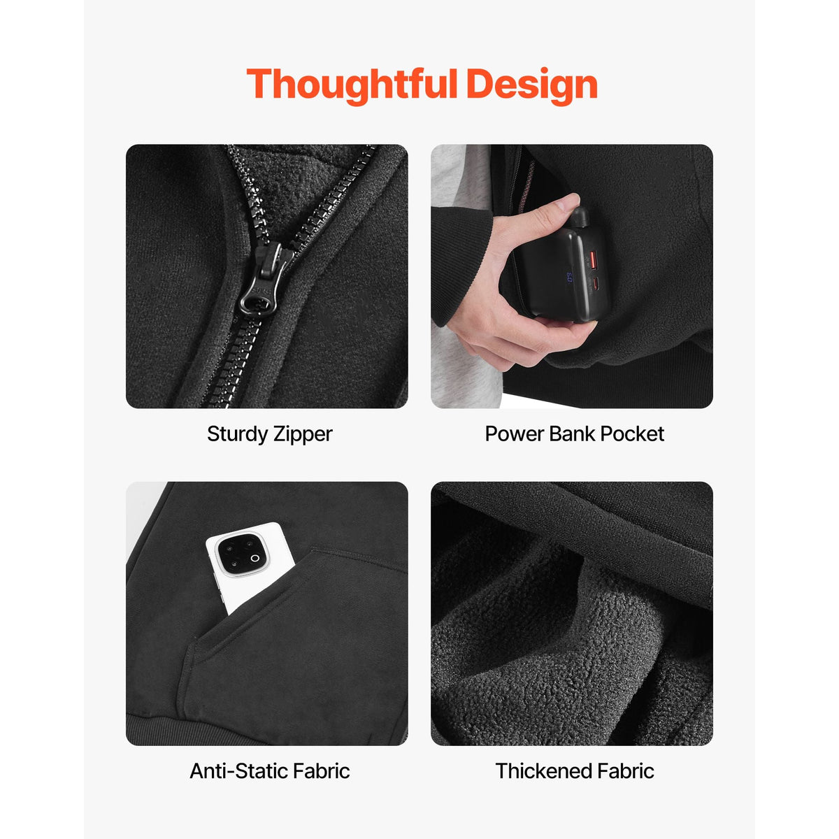 Heated Jacket Hoodie for Men Women, Heated Sweatshirt Unisex Full-Zip with 7.4V 16000mAh Power Bank Pack, 5 Heating Zones, 3 Temp Levels, 4-8H Warmth, for Winter Outdoor Camping, Black, XXL Size