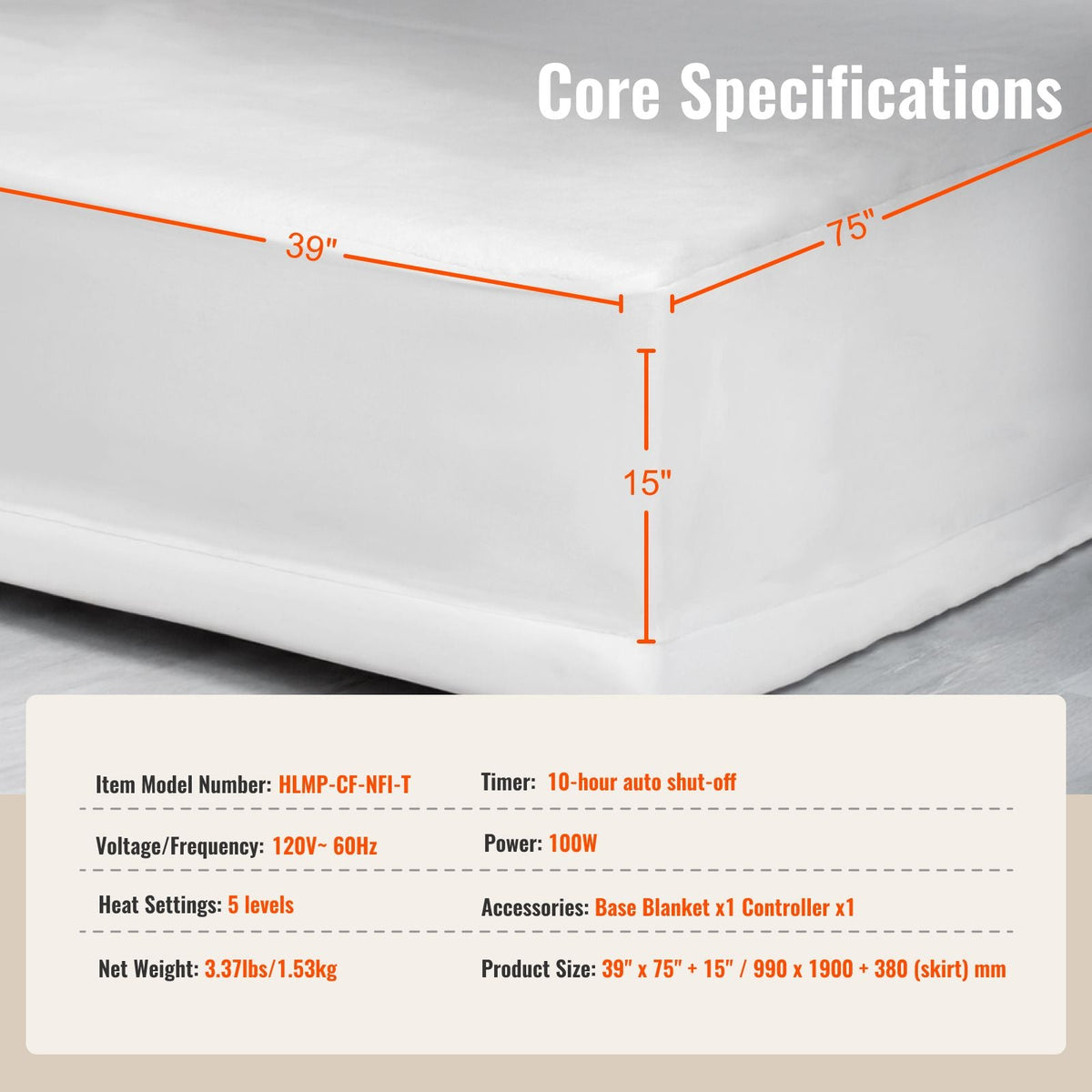 Heated Mattress Pad, 39 x 75 in, Electric Bed Warmer with 1-5 Heat Settings Control, 10-Hour Auto Shut Off, Machine-Wash Breathable Coral Fleece Heating Electric Mattress Sheets, White