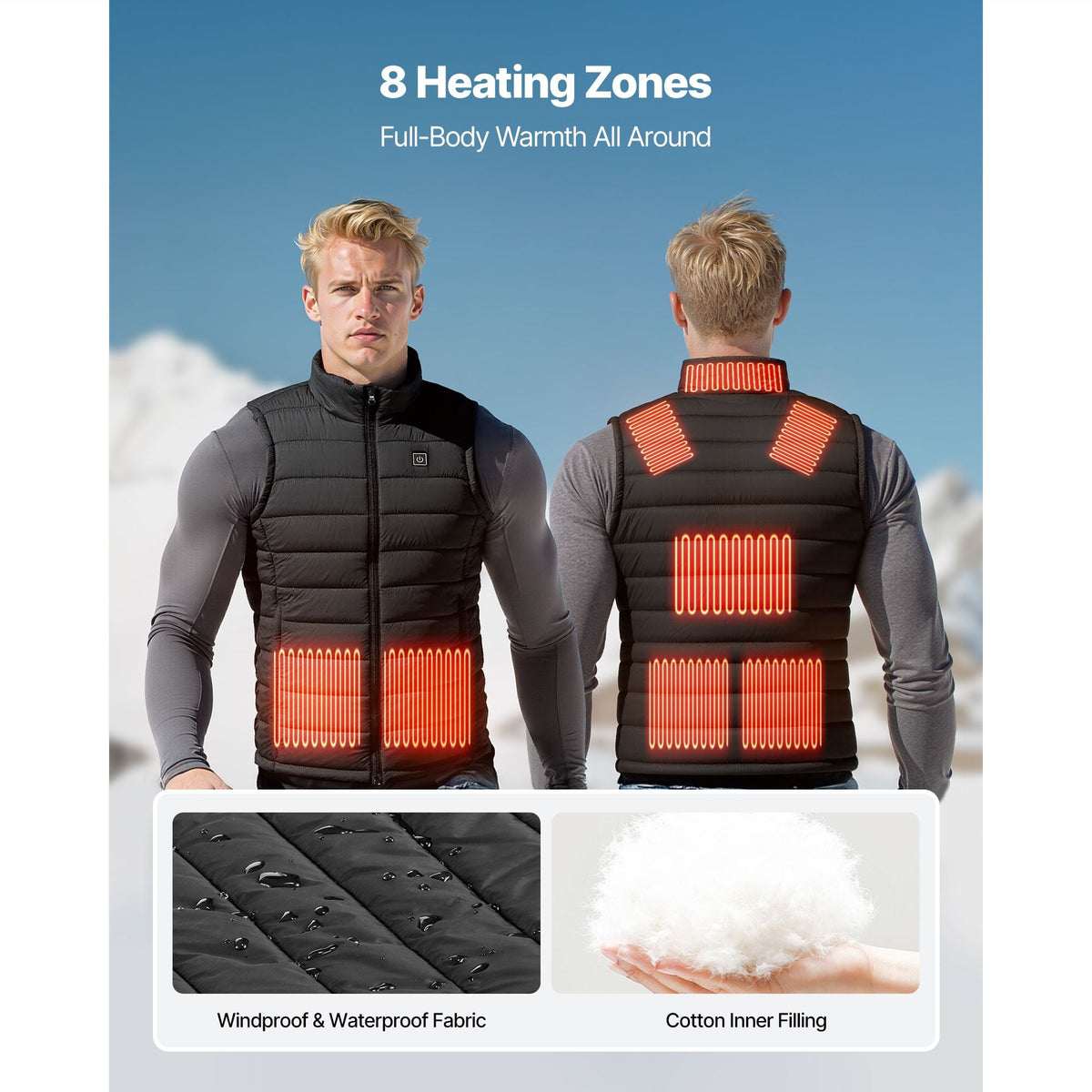 Heated Vest, Men Electric Heating Vest with 16000 mAh Battery Pack, 8 Heating Zones Lightweight Rechargeable Winter-Vest with 3 Levels, for Outdoor Hiking Camping Fishing Skiing, Size M