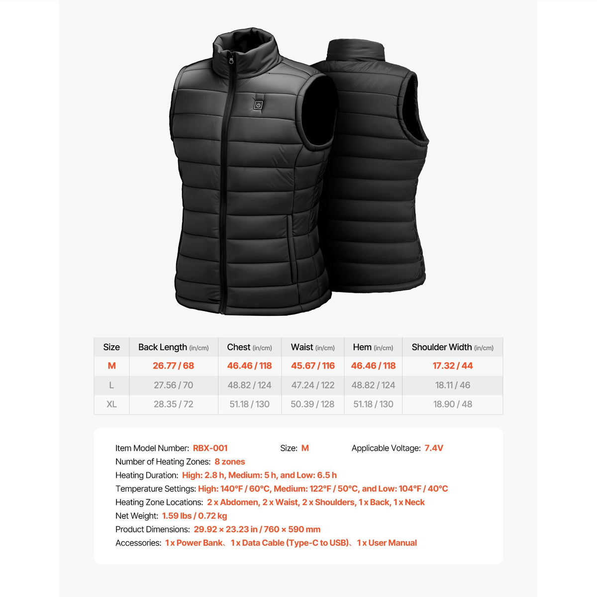 Heated Vest, Men Electric Heating Vest with 16000 mAh Battery Pack, 8 Heating Zones Lightweight Rechargeable Winter-Vest with 3 Levels, for Outdoor Hiking Camping Fishing Skiing, Size M