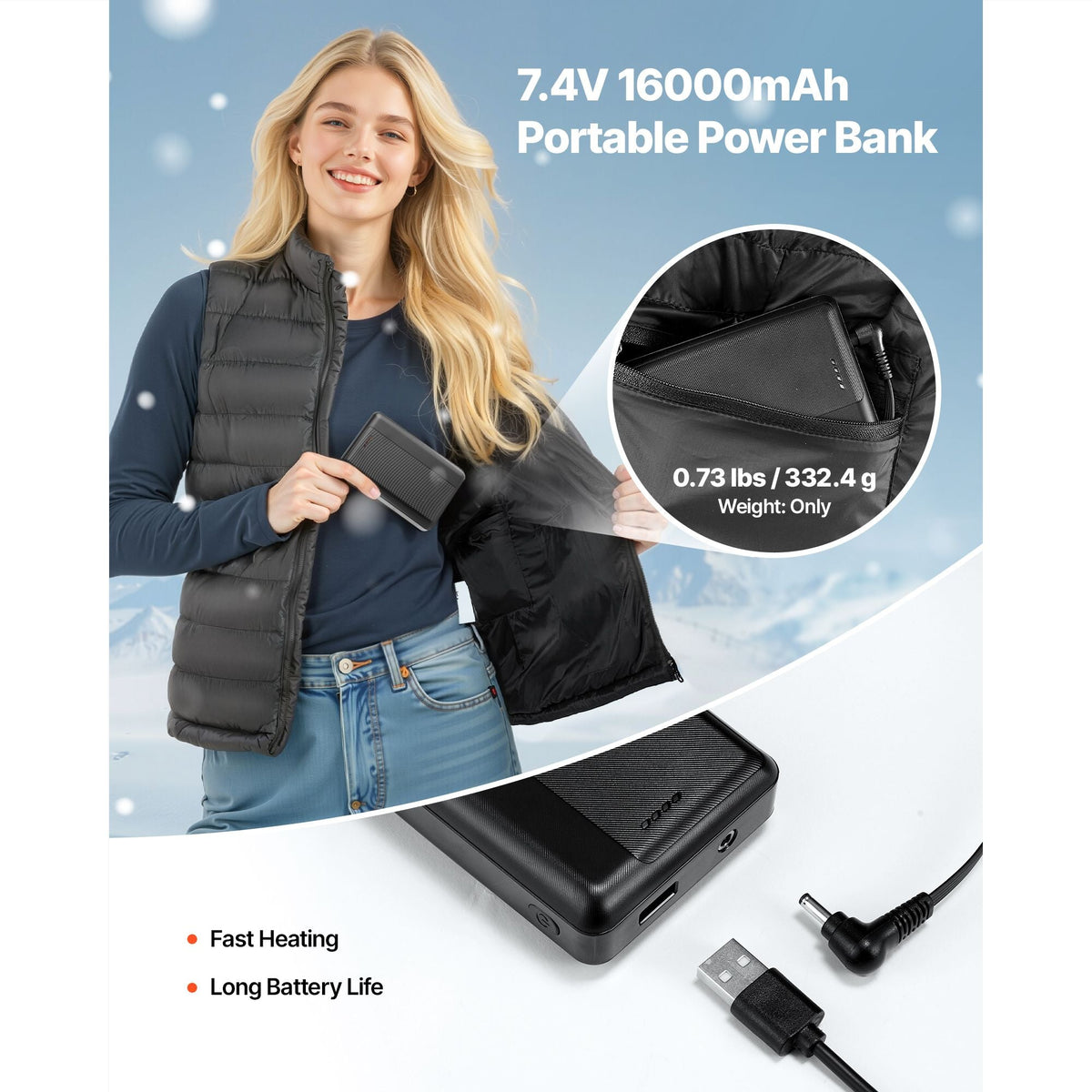 Heated Vest, Women Electric Heating Vest with 16000 mAh Battery Pack, 8 Heating Zones Lightweight Rechargeable Winter-Vest with 3 Levels, for Outdoor Hiking Camping Fishing Skiing, Size L