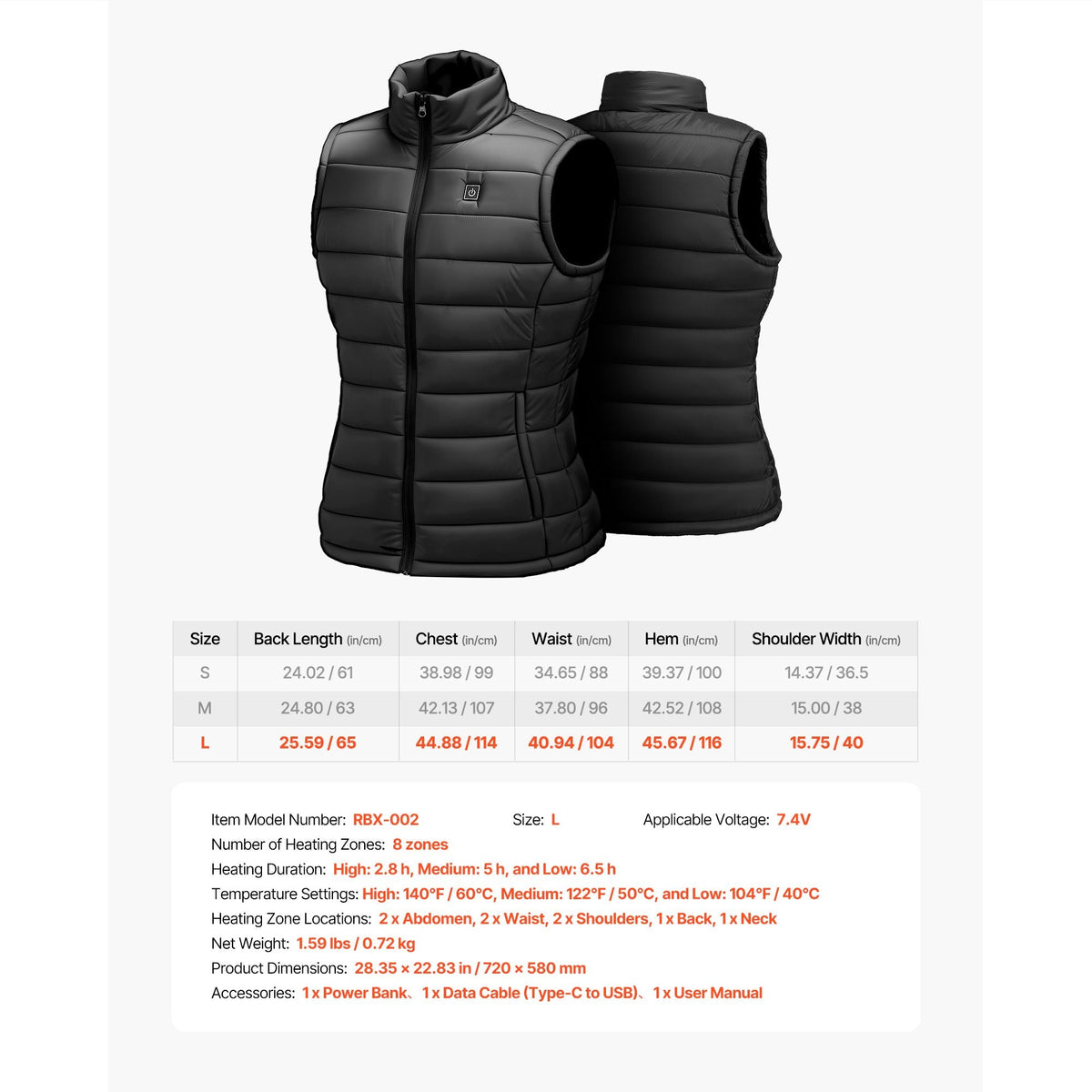 Heated Vest, Women Electric Heating Vest with 16000 mAh Battery Pack, 8 Heating Zones Lightweight Rechargeable Winter-Vest with 3 Levels, for Outdoor Hiking Camping Fishing Skiing, Size L