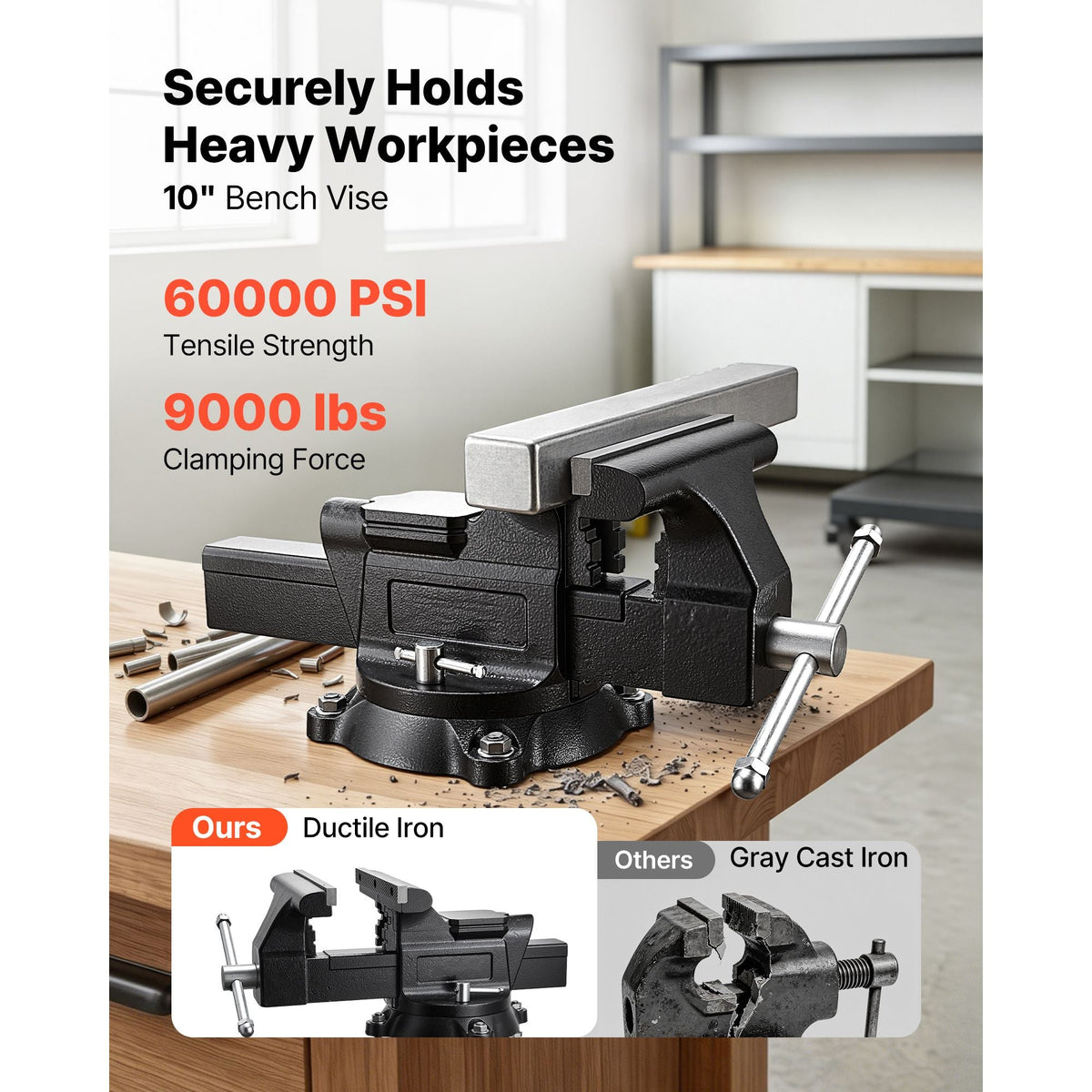 Heavy Duty Bench Vise, 10" Jaw Width, Multi-Purpose Ductile Iron Bench Vise with Anvil and 360-Degree Locking Swivel Base, 4.3" Throat Depth, 10" Max Jaw Opening, for Drilling, Pipe Cutting