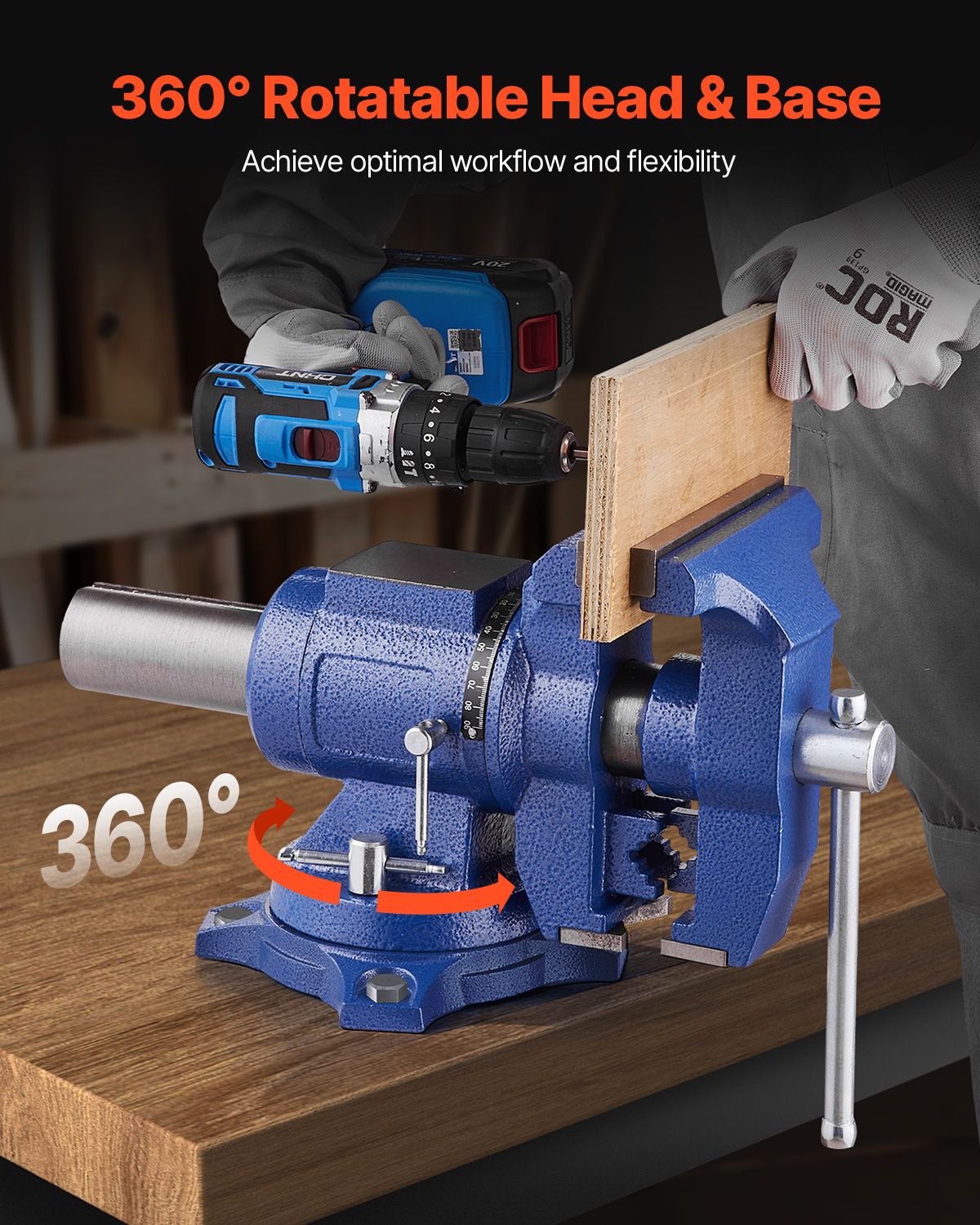 Heavy Duty Bench Vise, 6-1/2" Jaw Width, 5" Max Jaw Opening Multi-Purpose Ductile Iron Bench Vise with Anvil, 360° Swivel Base Head, 3" Throat, 5620 lbs Clamp Force