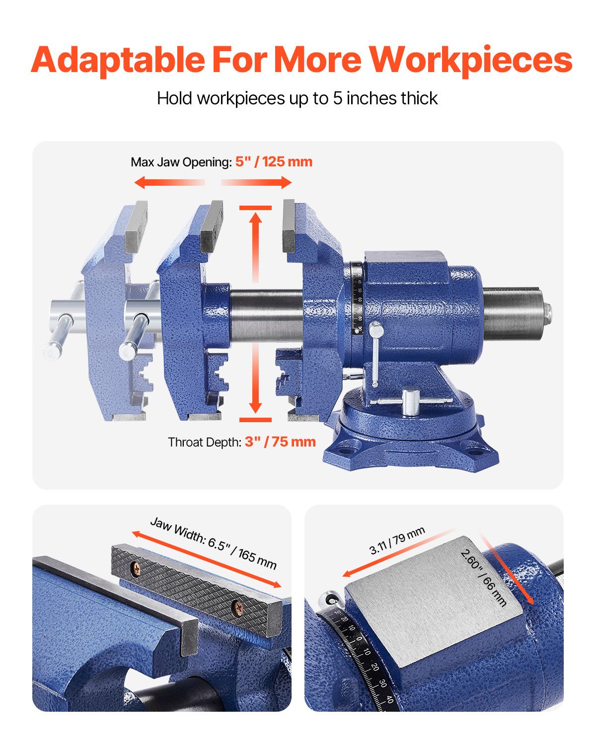 Heavy Duty Bench Vise, 6-1/2" Jaw Width, 5" Max Jaw Opening Multi-Purpose Ductile Iron Bench Vise with Anvil, 360° Swivel Base Head, 3" Throat, 5620 lbs Clamp Force