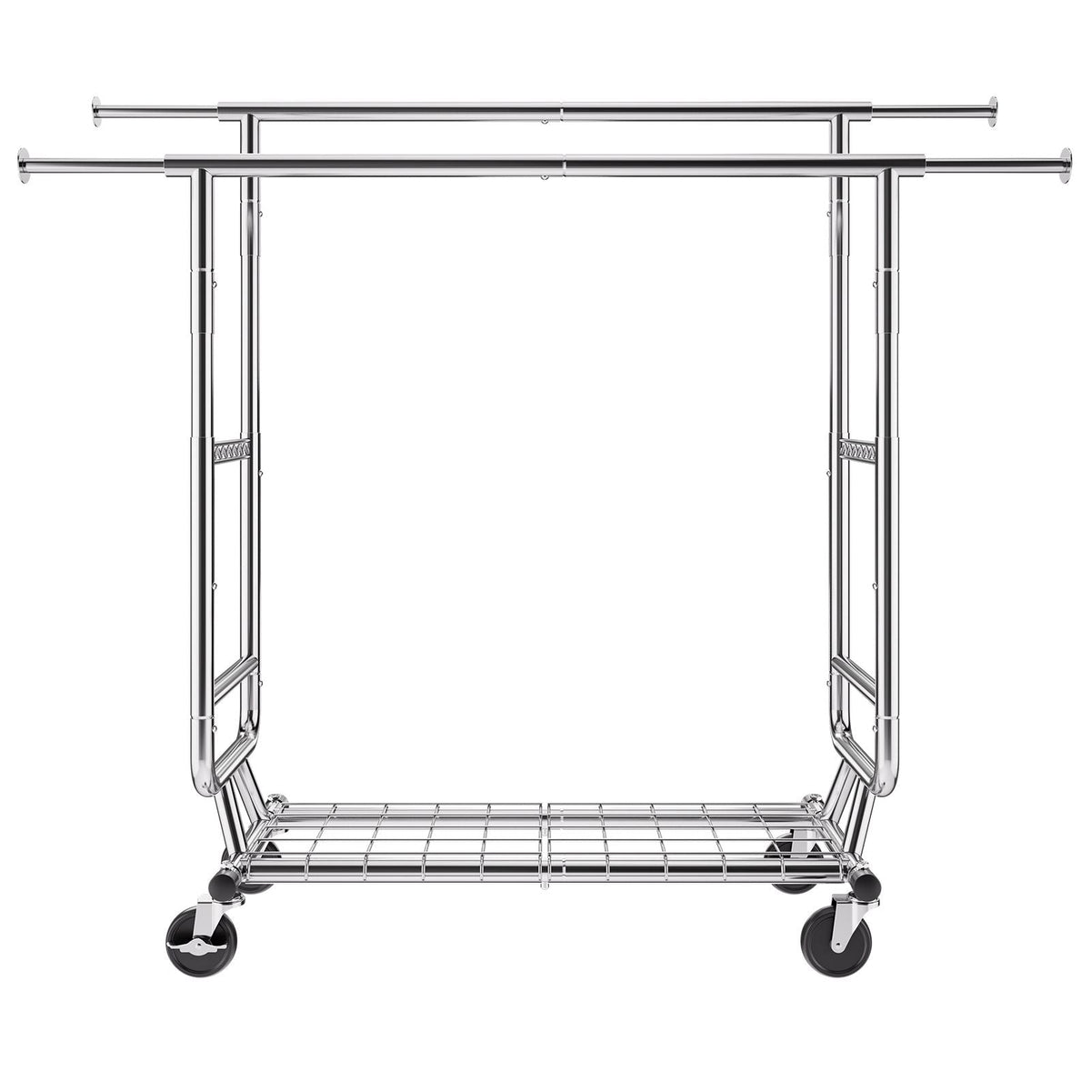 Heavy Duty Clothes Rack, Double Hanging Rod Clothing Garment Rack for Hanging Clothes, Adjustable Height and Extendable Length Clothing Rack with Bottom Storage Area, 600 lbs Load Capacity