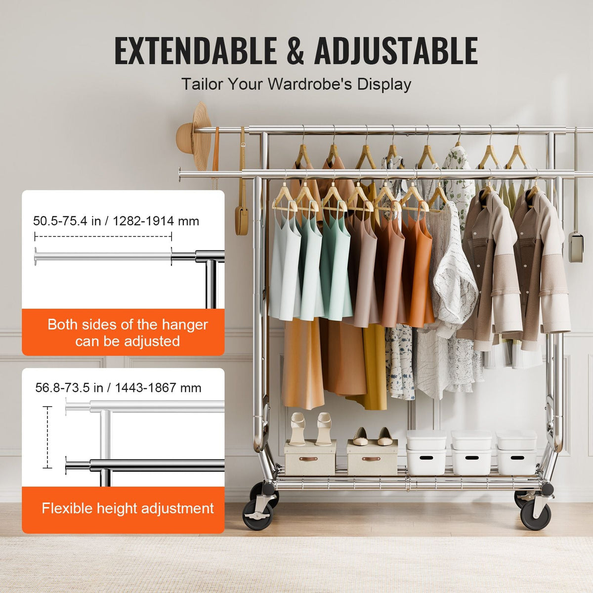 Heavy Duty Clothes Rack, Double Hanging Rod Clothing Garment Rack for Hanging Clothes, Adjustable Height and Extendable Length Clothing Rack with Bottom Storage Area, 600 lbs Load Capacity