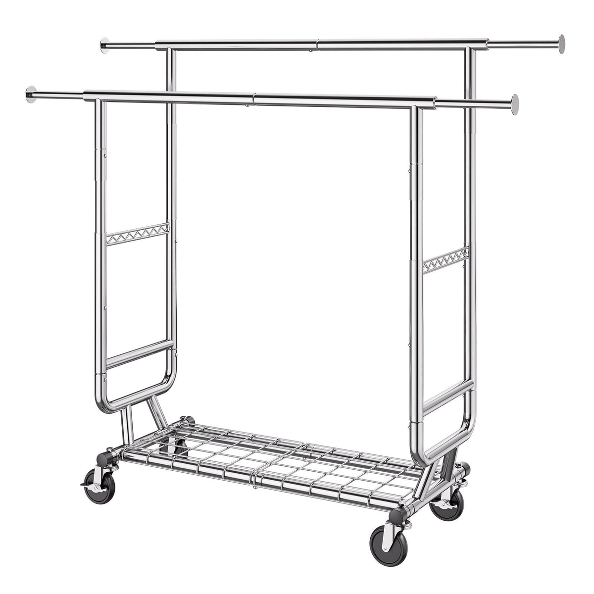 Heavy Duty Clothes Rack, Double Hanging Rod Clothing Garment Rack for Hanging Clothes, Adjustable Height and Extendable Length Clothing Rack with Bottom Storage Area, 600 lbs Load Capacity