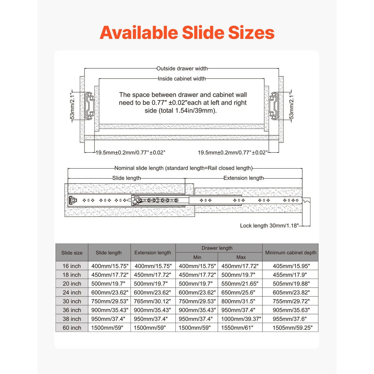 Heavy Duty Drawer Slides 20inch, 1 Pair Locking Drawer Slides 250lbs Load Capacity, Side Mount Ball Bearing, 3-Fold Full Extension