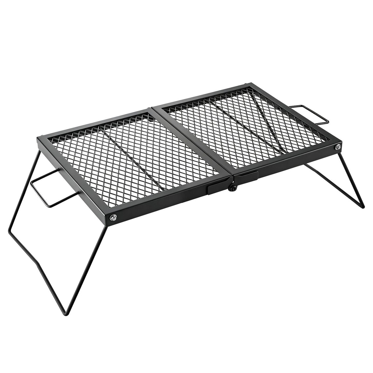 Heavy Duty Folding Campfire Grill, 24" Portable Camping Grill Grate, Sturdy Steel Mesh, Compact Equipment Over Fire Pit, with Legs and Handle, Grilling Rack for Outdoor Open Flame Cooking, Black