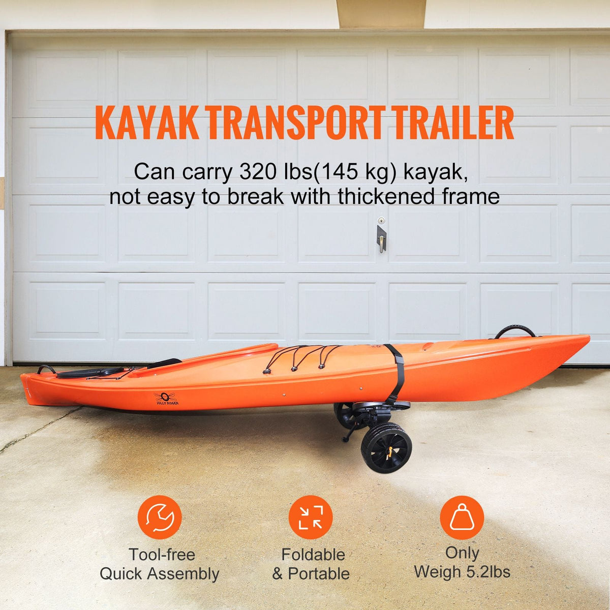 Heavy Duty Kayak Cart, 320lbs Load Capacity, Detachable Canoe Trolley Cart with 10'' Solid Tires, Adjustable Brackets & Nonslip Support Foot, for Kayaks Canoes Paddleboards Float Mats Jon Boats