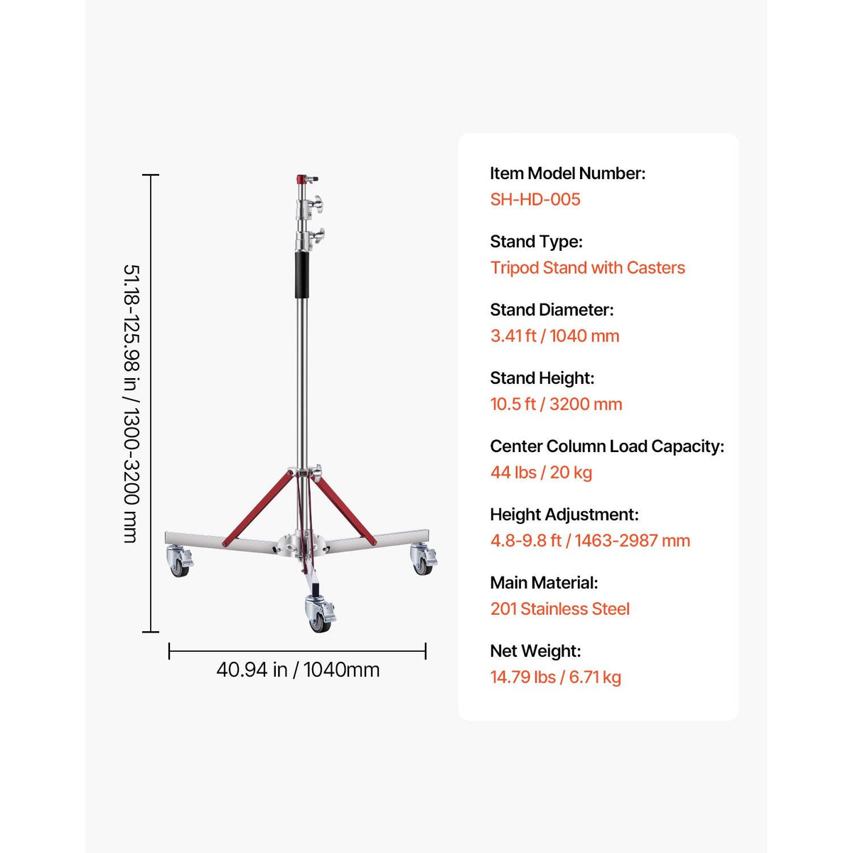 Heavy Duty Light Stand with Casters, Max Height 10.5 ft/320 cm, Adjustable Tripod Stand with Stainless Steel, Photography Wheeled Base Stand, for Studio Softbox, Monolight, Reflector Shooting