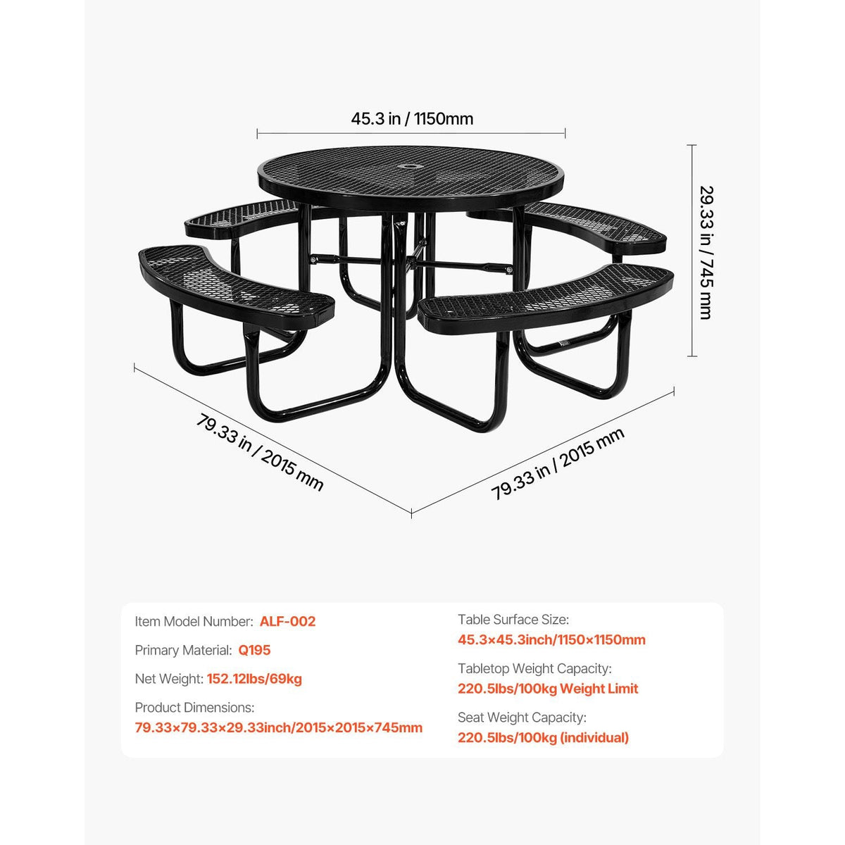 Heavy-Duty Picnic Table, Outdoor Furniture Weather Resistant Patio Dining Set, Coated Steel Tables with Umbrella Hole, 46" Round Table and Bench Set, for Garden, Backyard, Porch (Black)