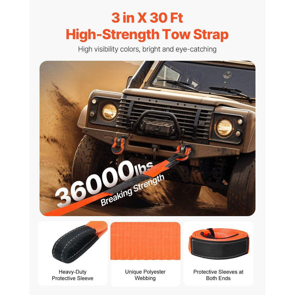 Heavy Duty Tow Strap Recovery Kit 3 in x 30 ft (MBS-36,000 lbs) Tree Saver Winch Strap, Triple Reinforced Loop & Protective Sleeves & Storage Bag, 3/4" D-Ring Shackles, for Truck Jeep SUV ATV