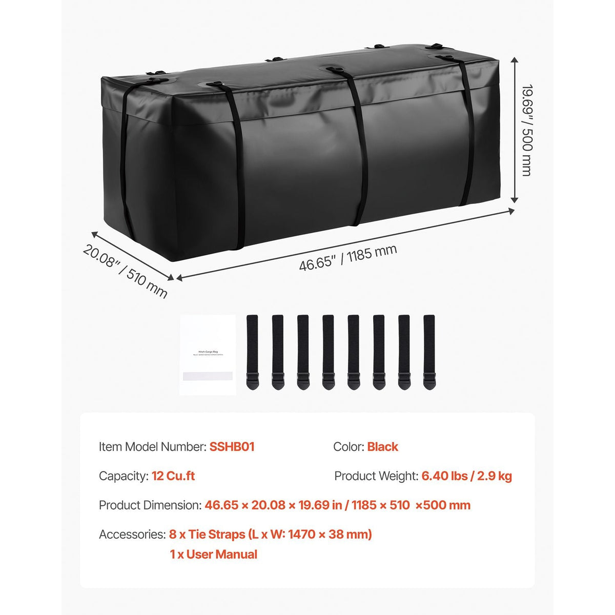 Hitch Cargo Carrier Bag, Waterproof 840D PVC, 46.65 x 20.08 x 19.69 in (12 Cubic Feet), Heavy Duty Cargo Bag for Truck Bed Storage with Reinforced Straps, Suitable for Car SUV Vans Hitch Basket