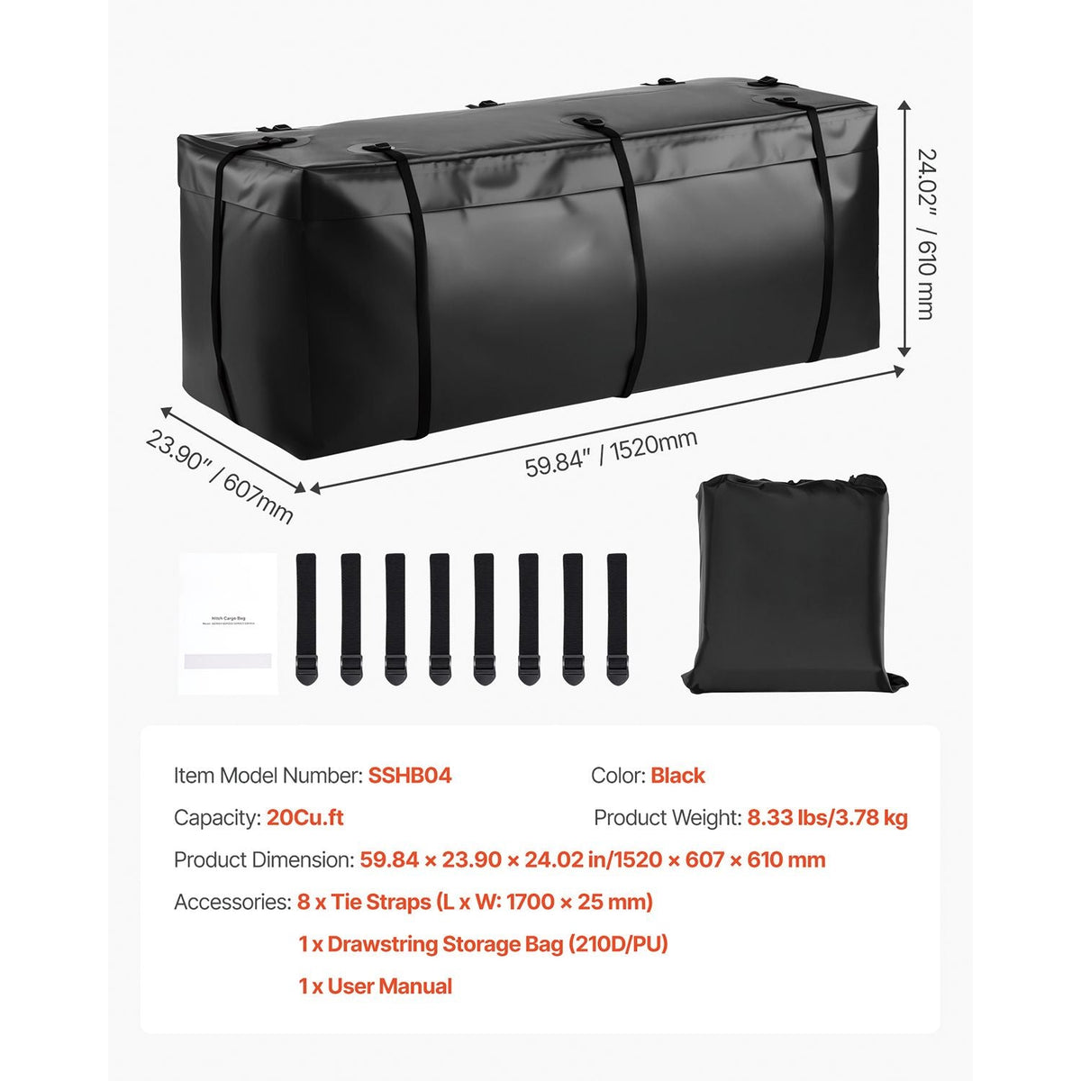Hitch Cargo Carrier Bag, Waterproof 840D PVC, 59.84 x 23.9 x 24.02 in (20 Cubic Feet), Heavy Duty Cargo Bag for Truck Bed Storage with 8 Reinforced Straps, Suitable for Car Vans Hitch Basket