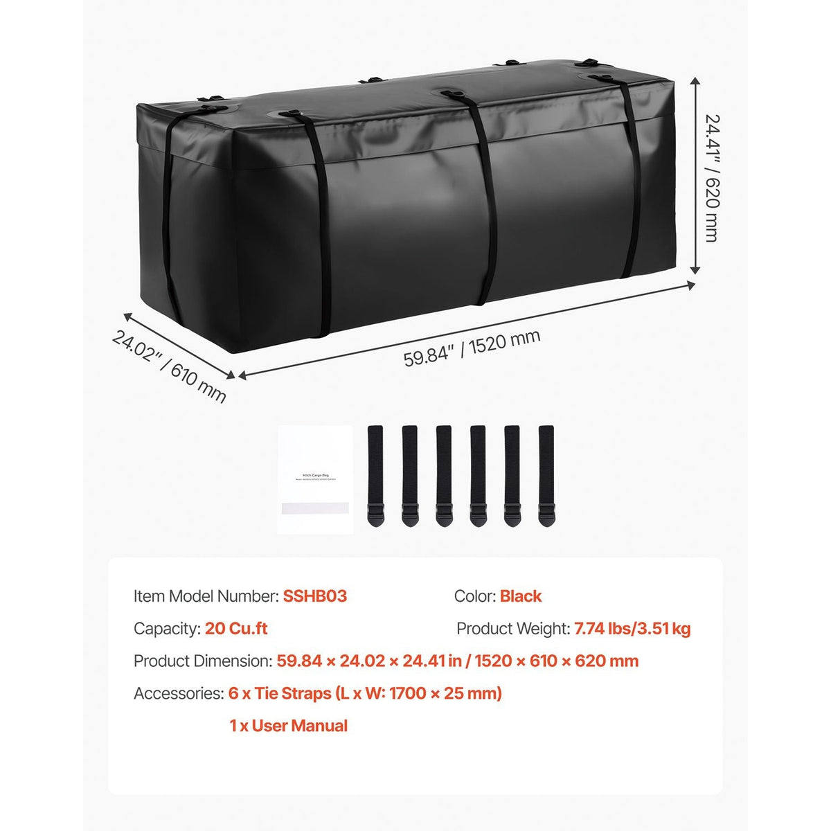 Hitch Cargo Carrier Bag, Waterproof 840D PVC, 59.84 x 24.02 x 24.41 in (20 Cubic Feet), Heavy Duty Cargo Bag for Truck Bed Storage with 6 Reinforced Straps, Suitable for Car Vans Hitch Basket