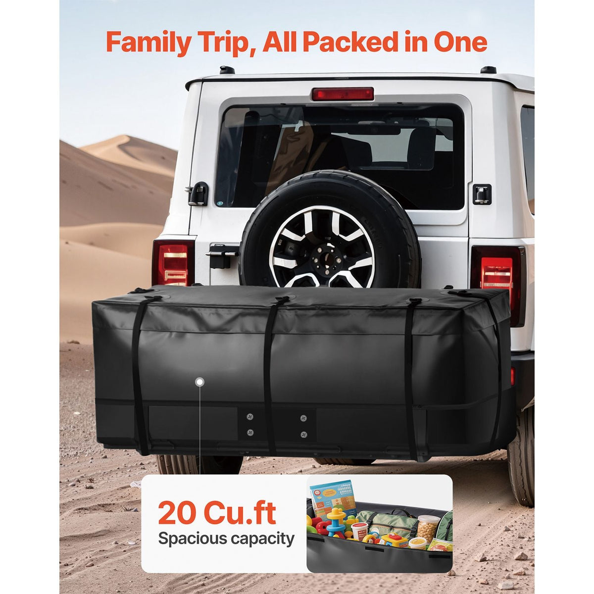 Hitch Cargo Carrier Bag, Waterproof 840D PVC, 59.84 x 24.02 x 24.41 in (20 Cubic Feet), Heavy Duty Cargo Bag for Truck Bed Storage with 6 Reinforced Straps, Suitable for Car Vans Hitch Basket