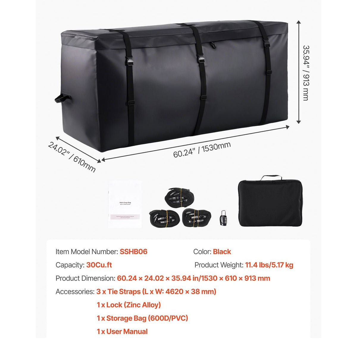 Hitch Cargo Carrier Bag, Waterproof 840D PVC, 60.24 x 24.02 x 35.94 in (30 Cubic Feet), Heavy Duty Cargo Bag for Truck Bed Storage with Reinforced Straps, Suitable for Car SUV Vans Hitch Basket