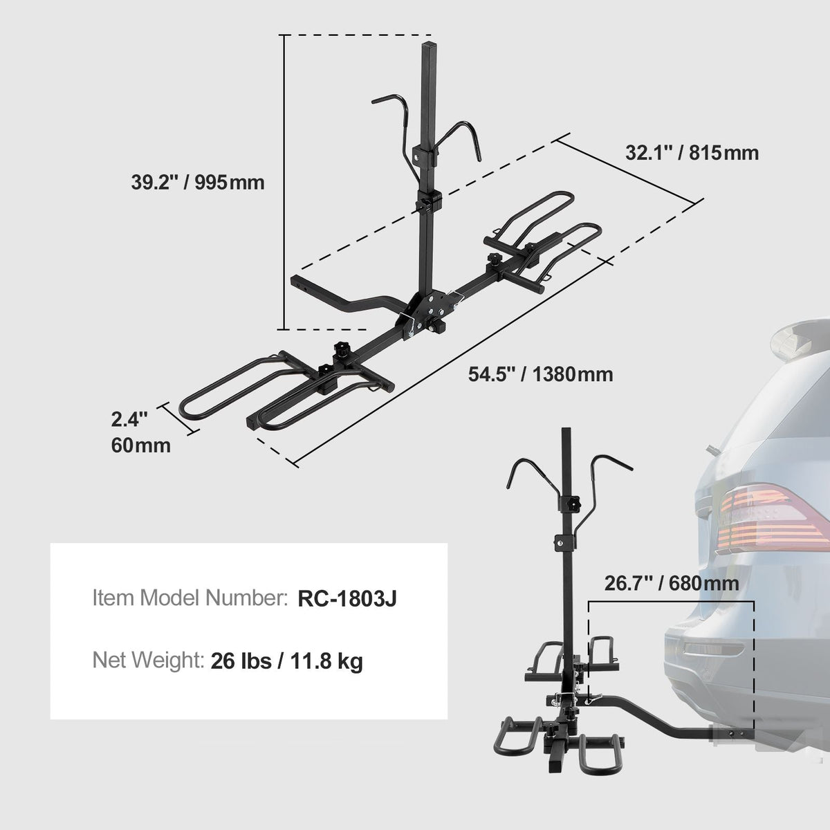 Hitch Mount Bike Rack, 2-Bike Platform Style, 80 LBS Max Capacity Bike Rack Hitch for 1.25-/2-inch Receiver, Titling and Folding Bike Carrier with Tires up to 2.4" Wide, for Car, SUV, Truck, RV