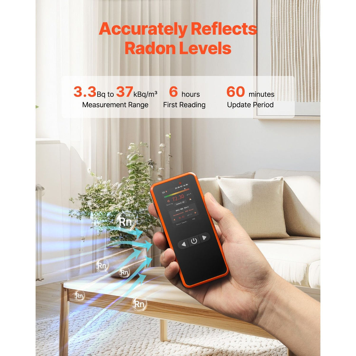 Home Radon Detector 3.3Bq to 37kBq/m³ Portable Easy to Use Battery Operated