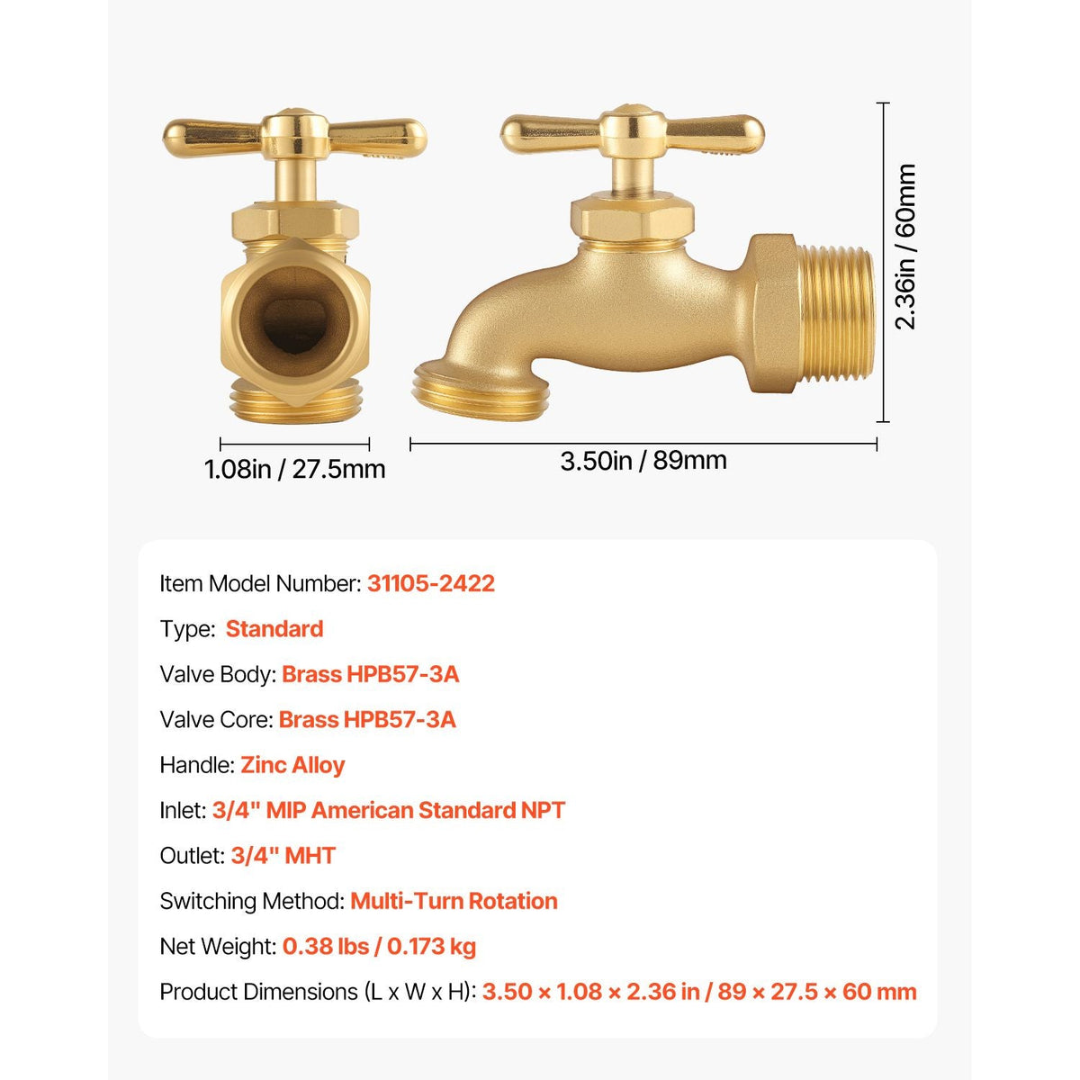 Hose Bibb, 3/4" MIP x 3/4" MHT Connection, Multi-Turn Garden Valve, Heavy Duty Brass Hose Bib, Outdoor Water Faucet Spigot, Brass Plumbing Fitting, Compatible with Copper, Galvanized Pipes