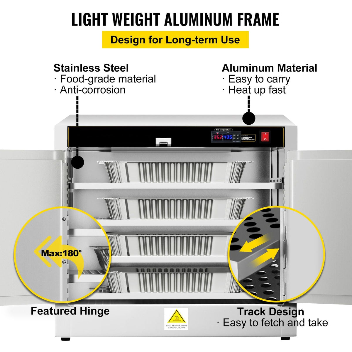 Hot Box Food Warmer, 25\"x15\"x24\" Concession Warmer with Water Tray, Four Disposable Catering Pans, Countertop Pizza, Patty, Pastry, Empanada, Concession Hot Food Hold Tested to UL Standards