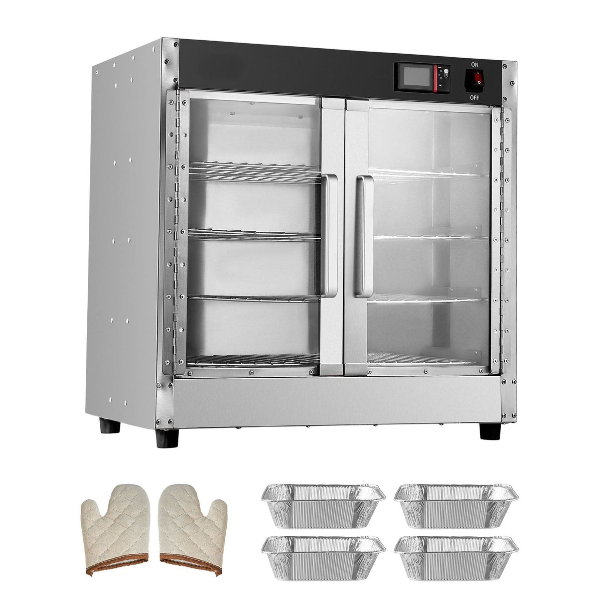Hot Box Food Warmer, 4-Tier Concession Warmer with Water Tray, 4 Pans, Glass Double-door and Adjustable Shelves, Stainless Steel Food Warmer Cabinet, Ideal for Storing Pizza, Chicken, Restaurant