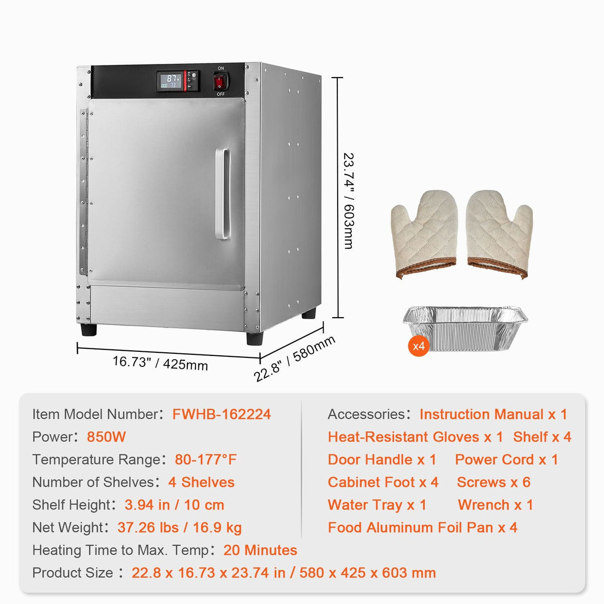 Hot Box Food Warmer, 4-Tier Concession Warmer with Water Tray, 4 Pans, Single-door and Adjustable Shelves, Stainless Steel Food Warmer Cabinet, Ideal for Storing Pizza, Chicken, Restaurant