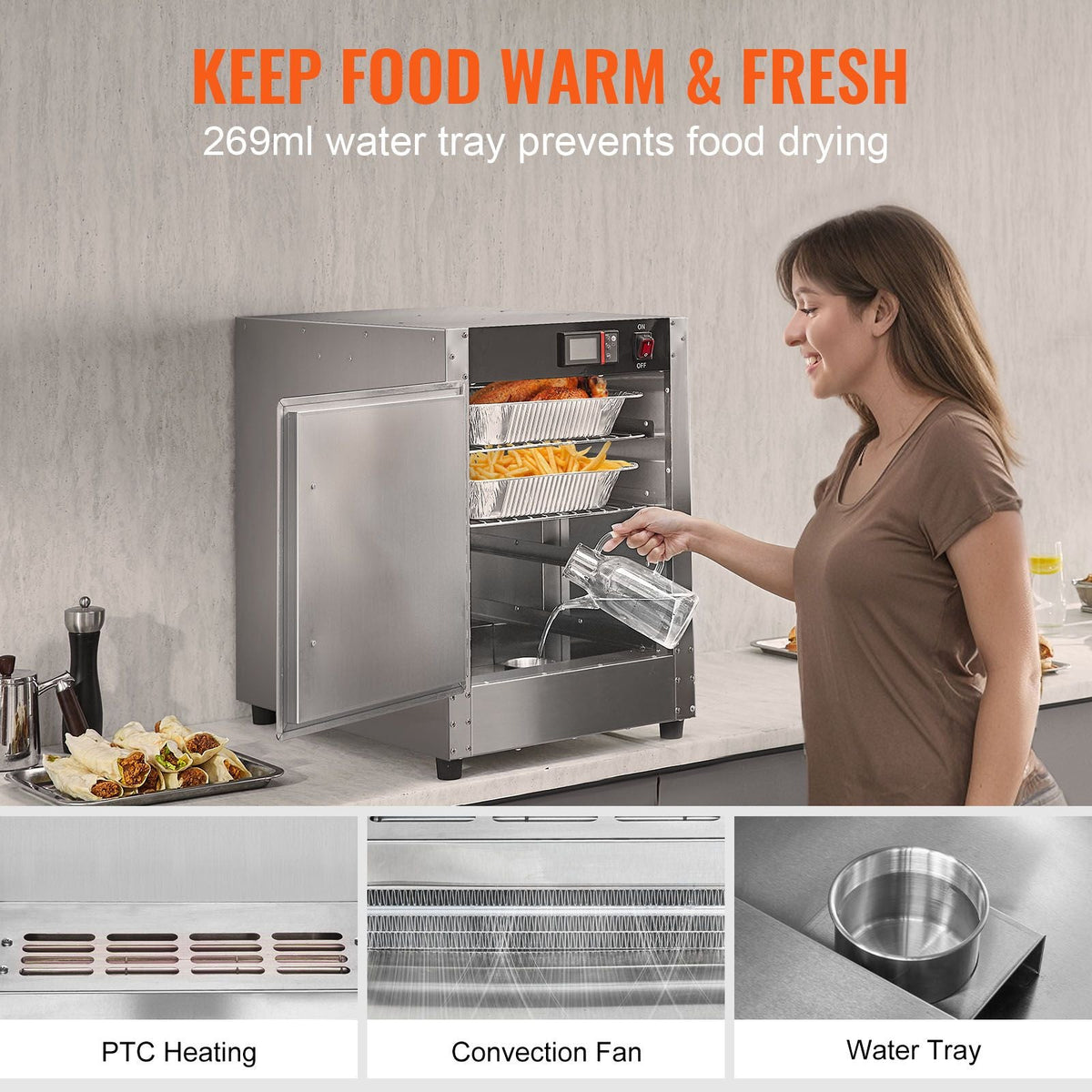 Hot Box Food Warmer, 4-Tier Concession Warmer with Water Tray, 4 Pans, Single-door and Adjustable Shelves, Stainless Steel Food Warmer Cabinet, Ideal for Storing Pizza, Chicken, Restaurant