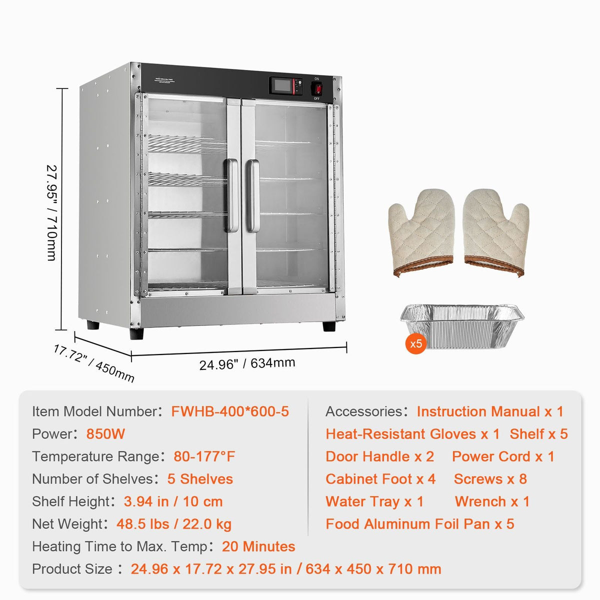Hot Box Food Warmer, 5-Tier Concession Warmer with Water Tray, 5 Pans, Glass Double-door and Adjustable Shelves, Stainless Steel Food Warmer Cabinet, Ideal for Storing Pizza, Chicken, Restaurant