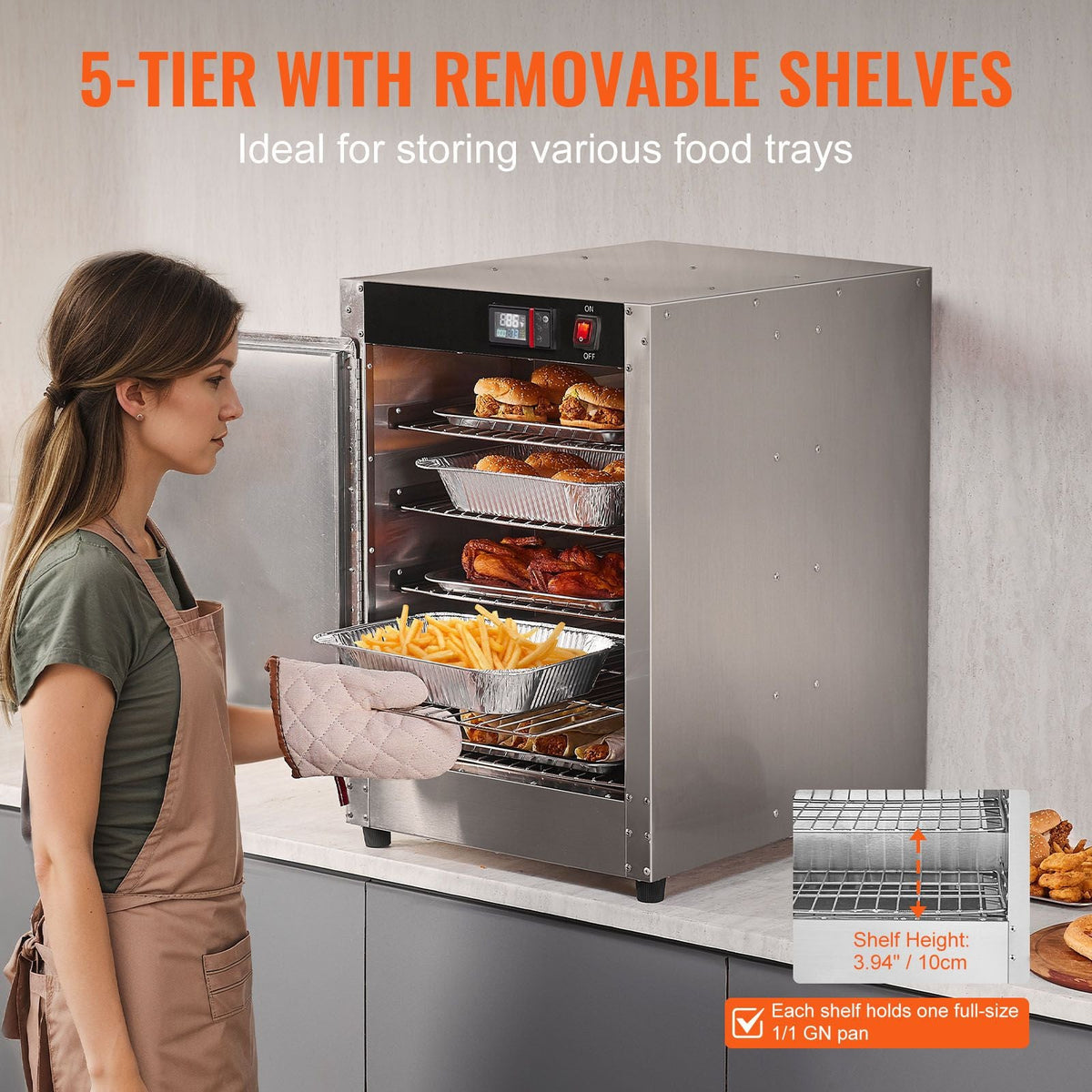 Hot Box Food Warmer, 5-Tier Concession Warmer with Water Tray, 5 Pans, Single-door and Adjustable Shelves, Stainless Steel Food Warmer Cabinet, Ideal for Storing Pizza, Chicken, Restaurant