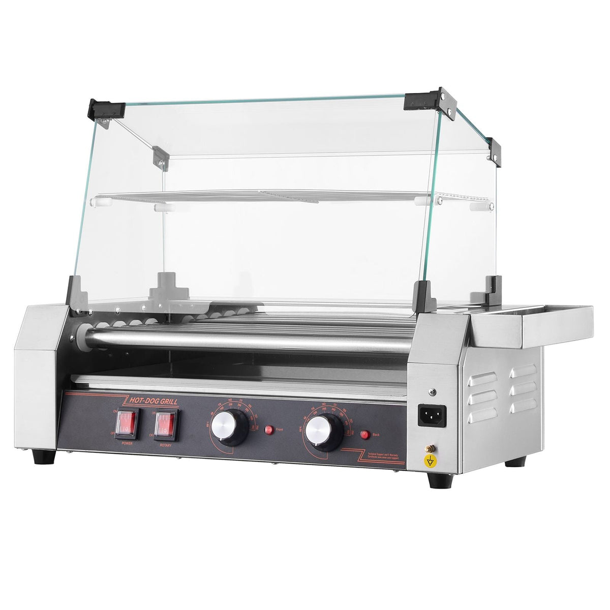 Hot Dog Roller, 12 Hot Dog 5 Rollers, Stainless Steel Sausage Grill Cooker, 750W Commercial Hot Dog Machine with Dual Temp Control, Cover, Side Storage Box, Removable Shelf & Oil Drip Tray