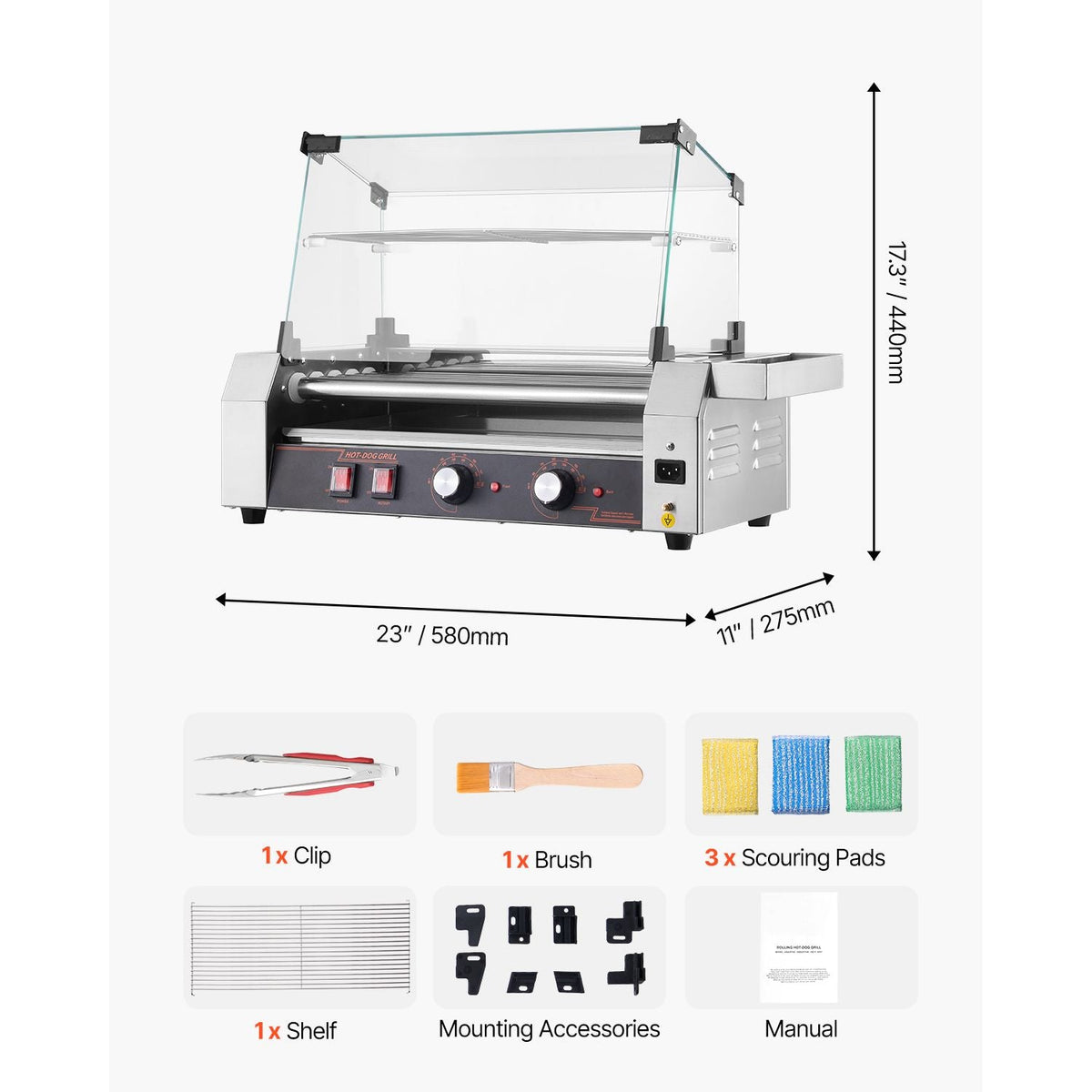 Hot Dog Roller, 12 Hot Dog 5 Rollers, Stainless Steel Sausage Grill Cooker, 750W Commercial Hot Dog Machine with Dual Temp Control, Cover, Side Storage Box, Removable Shelf & Oil Drip Tray
