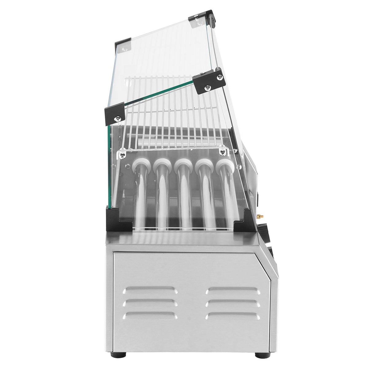 Hot Dog Roller, 12 Hot Dog 5 Rollers, Stainless Steel Sausage Grill Cooker, 750W Commercial Hot Dog Machine with Dual Temp Control, Cover, Side Storage Box, Removable Shelf & Oil Drip Tray