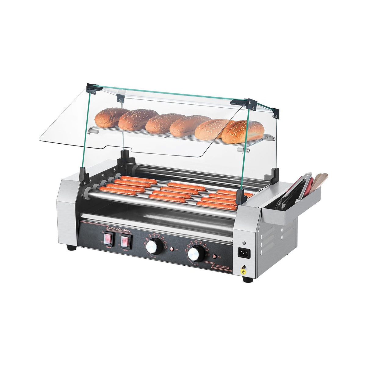Hot Dog Roller, 12 Hot Dog 5 Rollers, Stainless Steel Sausage Grill Cooker, 750W Commercial Hot Dog Machine with Dual Temp Control, Cover, Side Storage Box, Removable Shelf & Oil Drip Tray