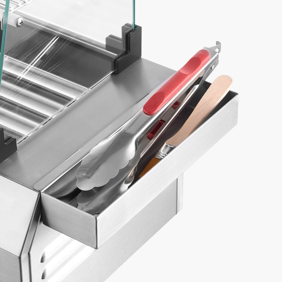 Hot Dog Roller, 12 Hot Dog 5 Rollers, Stainless Steel Sausage Grill Cooker, 750W Commercial Hot Dog Machine with Dual Temp Control, Cover, Side Storage Box, Removable Shelf & Oil Drip Tray