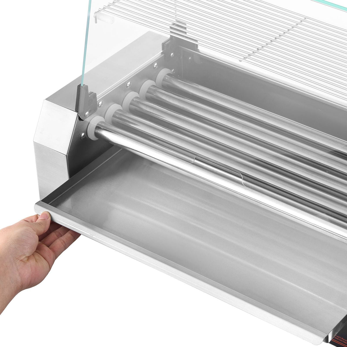 Hot Dog Roller, 12 Hot Dog 5 Rollers, Stainless Steel Sausage Grill Cooker, 750W Commercial Hot Dog Machine with Dual Temp Control, Cover, Side Storage Box, Removable Shelf & Oil Drip Tray