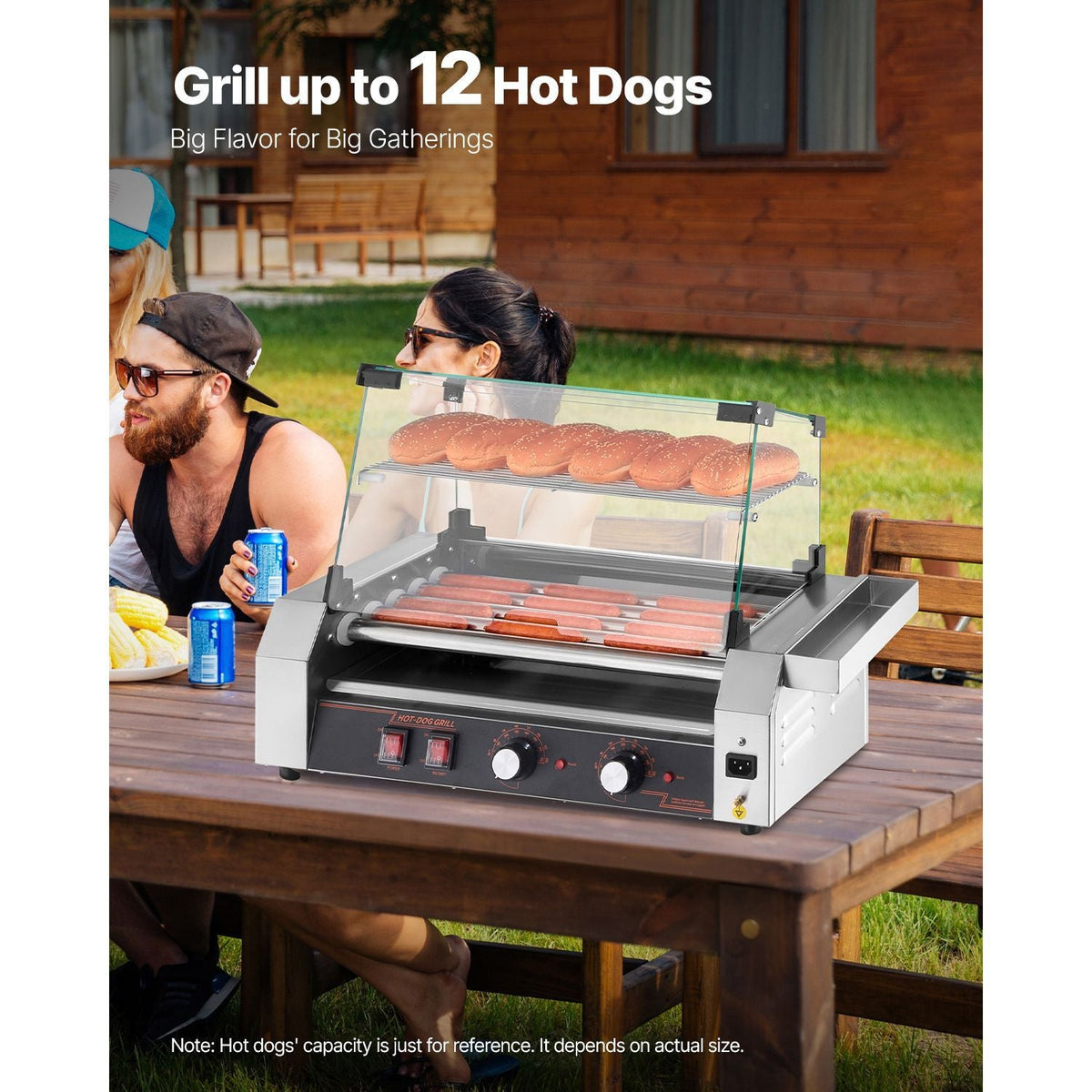 Hot Dog Roller, 12 Hot Dog 5 Rollers, Stainless Steel Sausage Grill Cooker, 750W Commercial Hot Dog Machine with Dual Temp Control, Cover, Side Storage Box, Removable Shelf & Oil Drip Tray