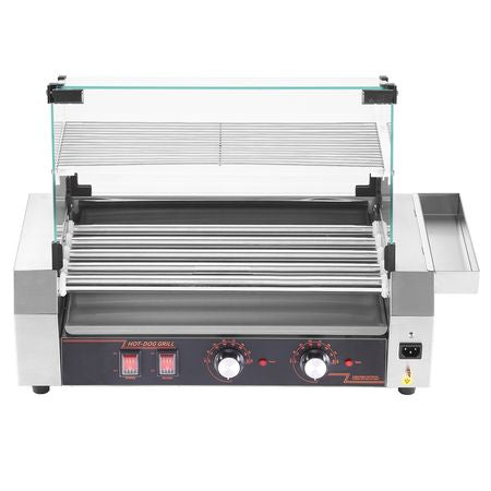 Hot Dog Roller, 12 Hot Dog 5 Rollers, Stainless Steel Sausage Grill Cooker, 750W Commercial Hot Dog Machine with Dual Temp Control, Cover, Side Storage Box, Removable Shelf & Oil Drip Tray