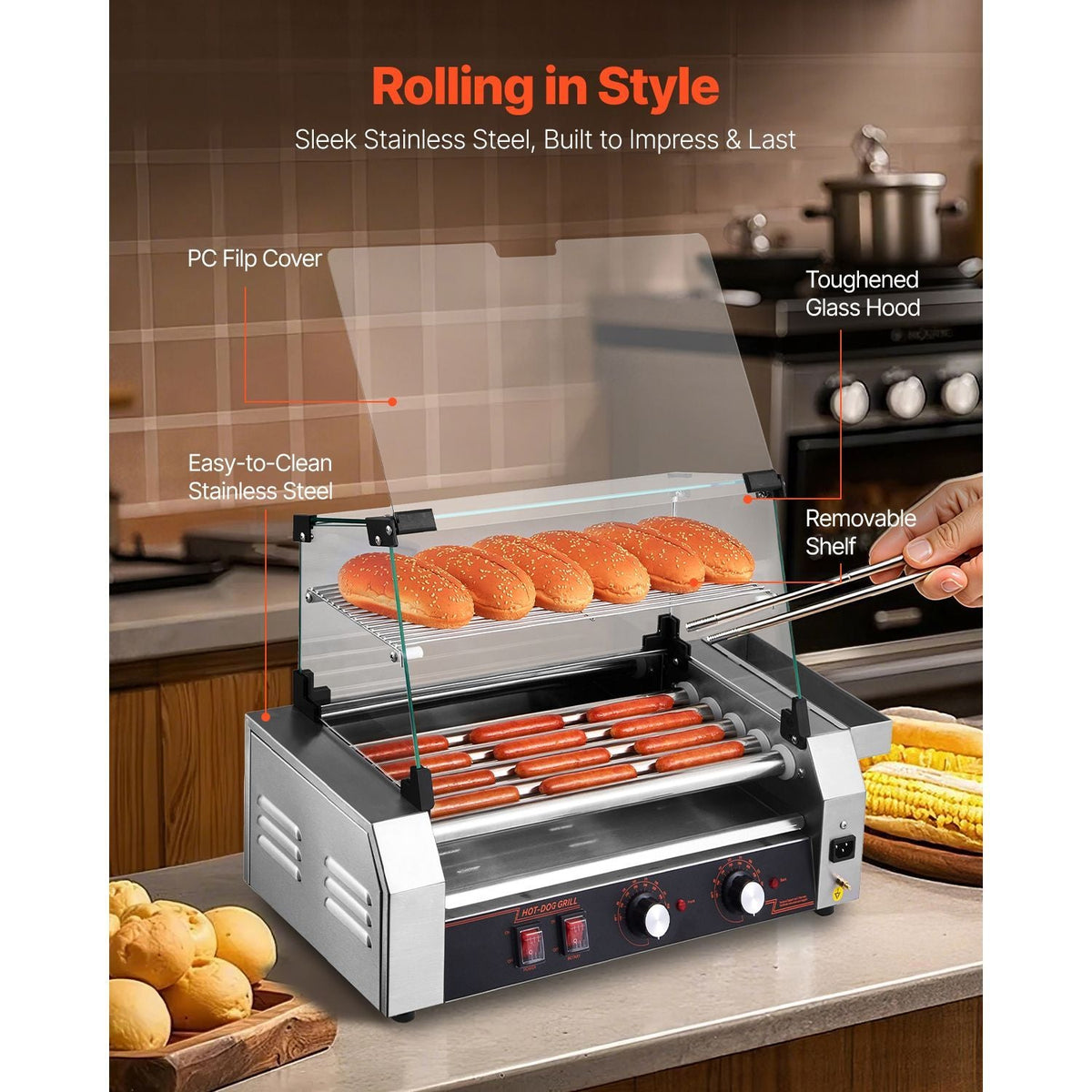 Hot Dog Roller, 12 Hot Dog 5 Rollers, Stainless Steel Sausage Grill Cooker, 750W Commercial Hot Dog Machine with Dual Temp Control, Cover, Side Storage Box, Removable Shelf & Oil Drip Tray