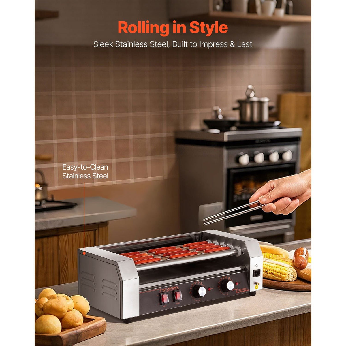 Hot Dog Roller, 12 Hot Dog 5 Rollers, Stainless Steel Sausage Grill Cooker, 750W Hot Dog Machine with Dual Temp Control, Removable Oil Drip Tray, for Party Home Commercial