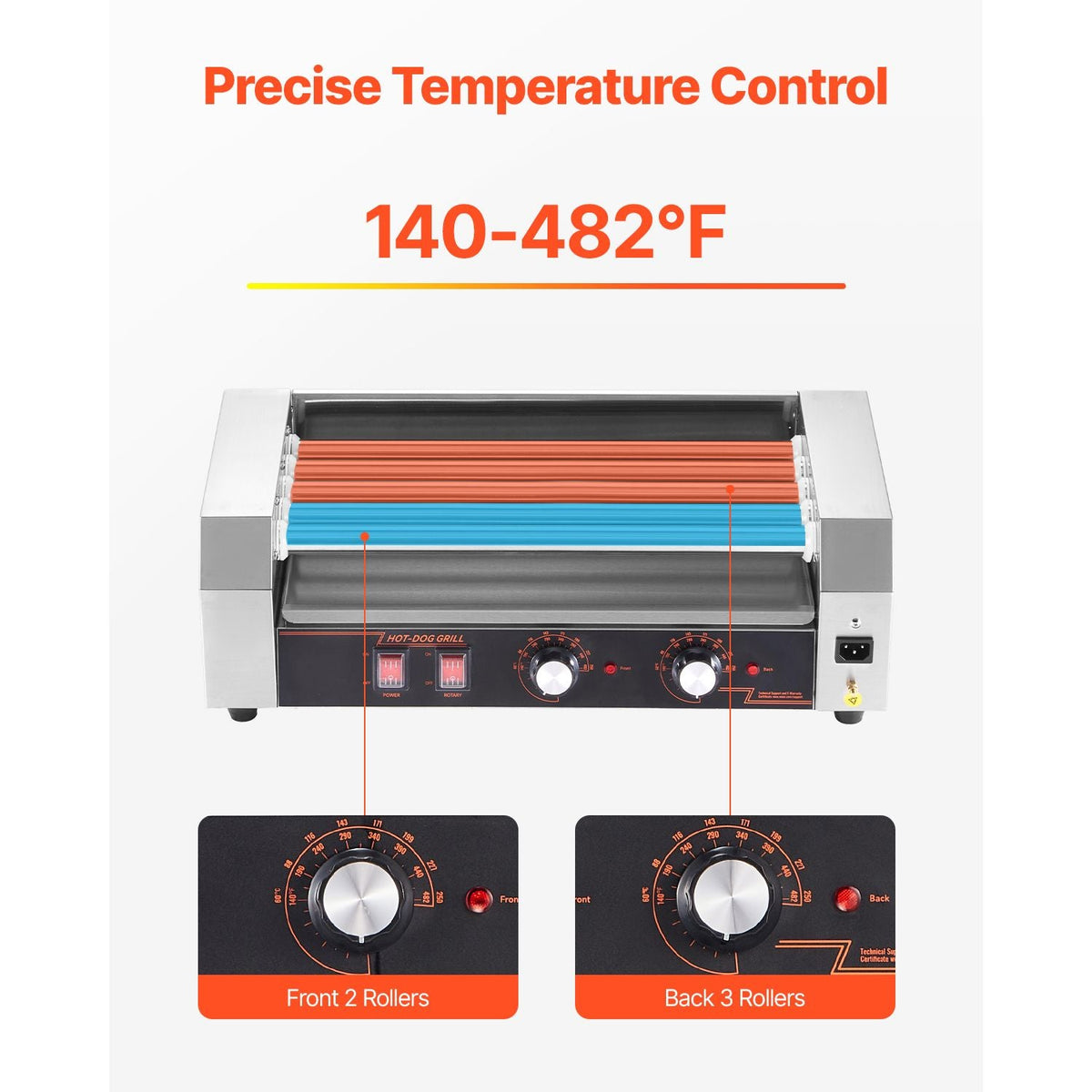 Hot Dog Roller, 12 Hot Dog 5 Rollers, Stainless Steel Sausage Grill Cooker, 750W Hot Dog Machine with Dual Temp Control, Removable Oil Drip Tray, for Party Home Commercial