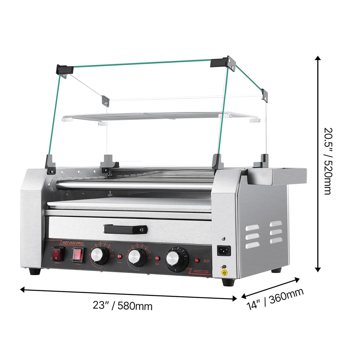 Hot Dog Roller, 18 Hot Dog 7 Rollers, Stainless Steel Sausage Grill Cooker, 1200W Hot Dog Machine with Bun Warmer, Cover, 3 Temp Control, Side Storage Box, Oil Drip Tray, for Home & Commercial